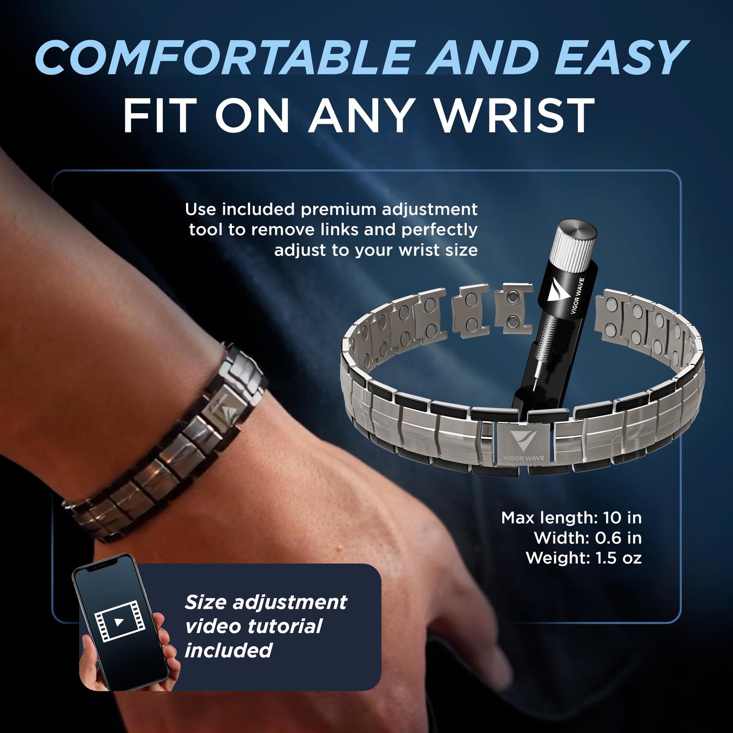 Vigor Wave® Magnetic Therapy Titanium Bracelet for Men, Gunmetal