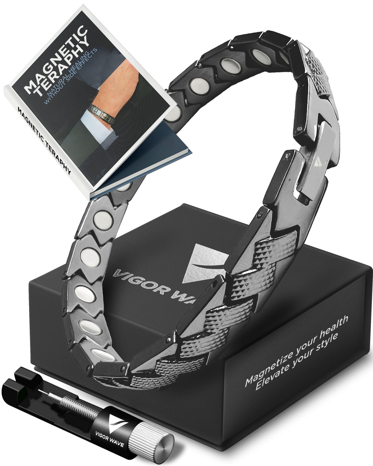 Vigor Wave® Magnetic Therapy Titanium Bracelet for Men — Unique Braided Model, Black