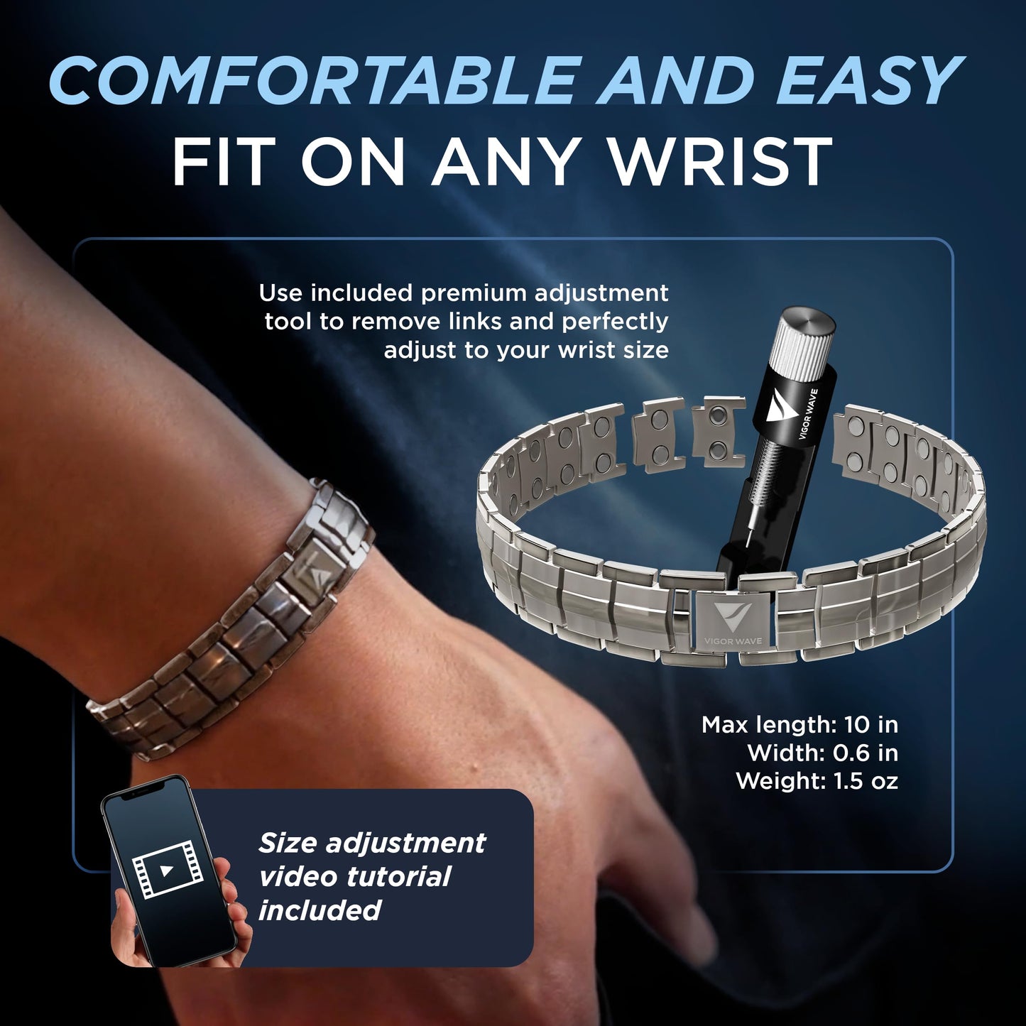 Vigor Wave® Magnetic Therapy Titanium Bracelet for Men, Titanium