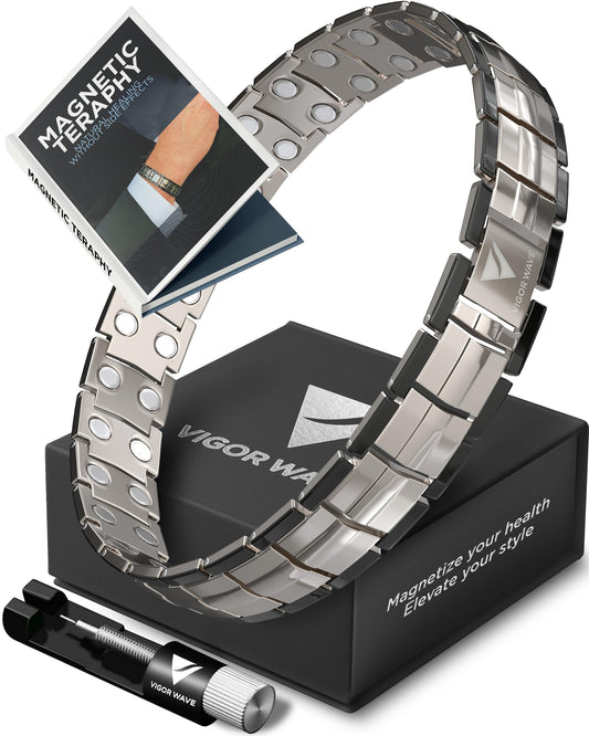Vigor Wave® Magnetic Therapy Titanium Bracelet for Men, Titanium & Black