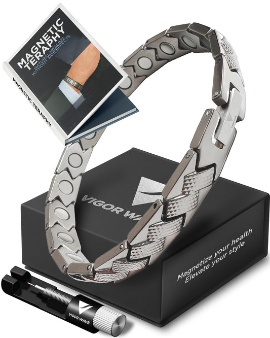 Vigor Wave® Magnetic Therapy Titanium Bracelet for Men — Unique Braided Model, Silver